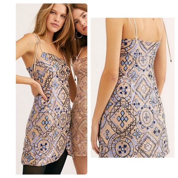 Free People Dress Show Mini Sequin Party Bodycon Lilac Blue Navy Nude 8 - Picture 5 of 8